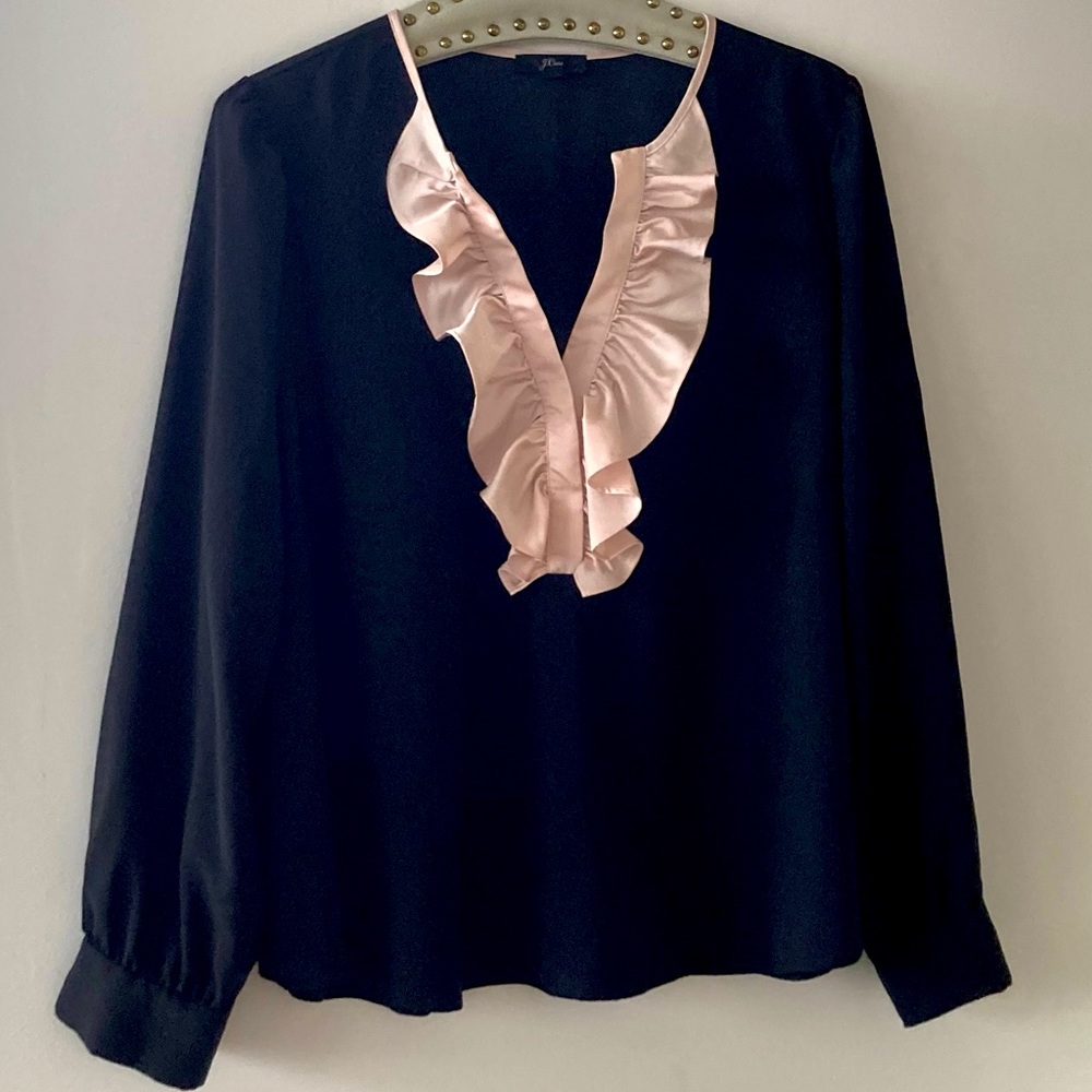 J. Crew Black Long-Sleeve Blouse with Pink Ruffle Trim